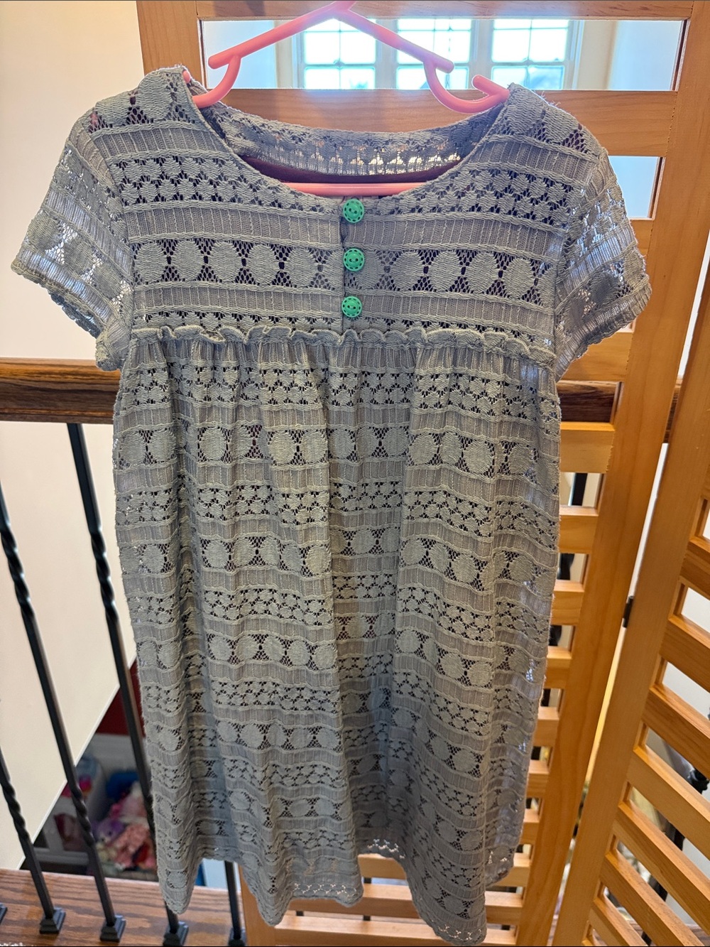Matilda Jane Gray Crochet Lace Dress with Green Buttons